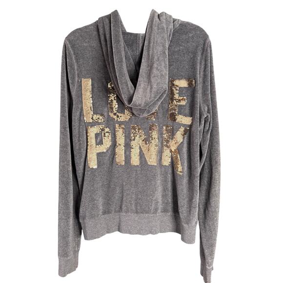 VS PINK Y2K Hoodie Dog Logo Sz Large Full ZIp Gray Velour Gold Sequin LOVE PINK - Picture 4 of 11